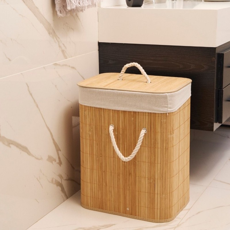 Cesto Canasto Rectangular Ropa lavadero/baño Bambu Deco tapa y manijas ...